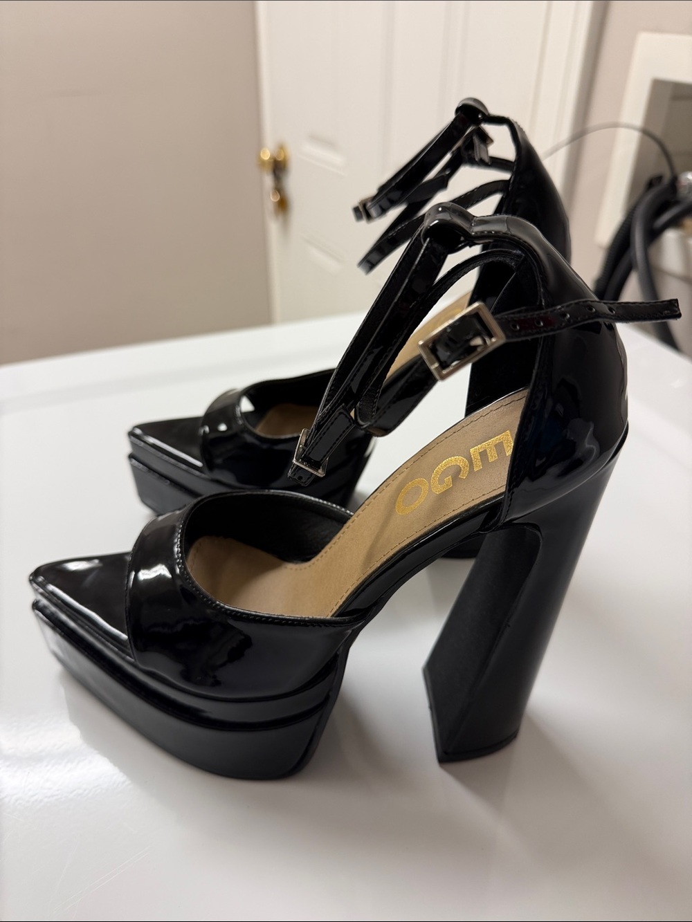 EGO Patent Black Double Platform Pumps with Ankle Strap